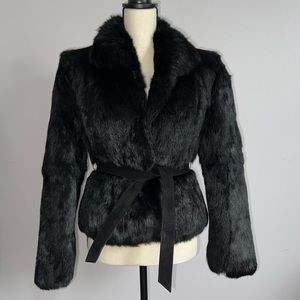 Womens authentic real rabbit fur short black jacket with leather belt new must